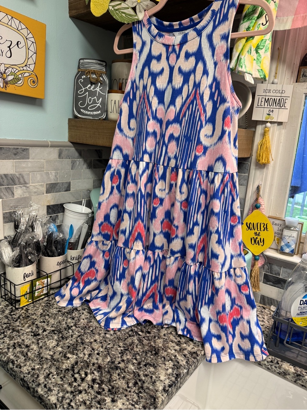 crown & ivy Blue and Pink Printed Tiered Sleeveless Dress